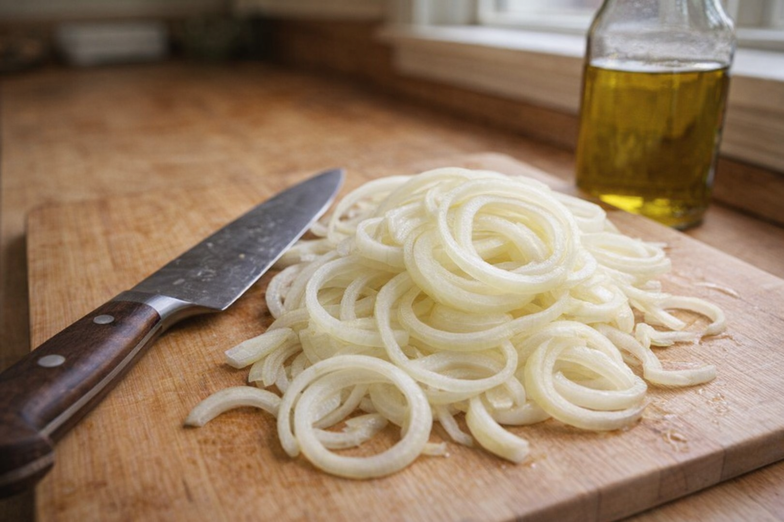 A close-up shot of thinly sliced yellow onions on a wooden cutting board next to a chef's knife and a bottle of olive oil, good lighting